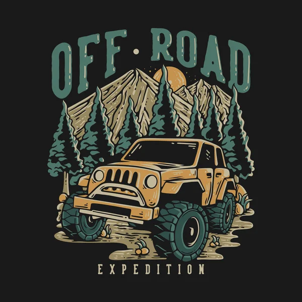Shirt Design Road Expedition Road Car Middle Mountain Vintage Illustration — Stockvektor