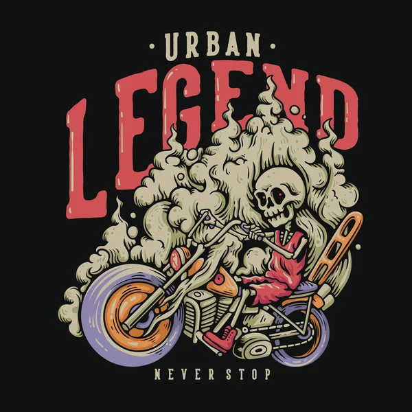 Shirt Design Urban Legend Never Stop Skeleton Riding Motorcycle Vintage — Stock Vector