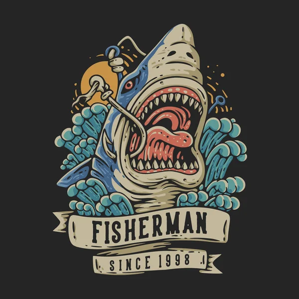 Shirt Design Fisherman 1998 Hooked Shark Open Mouth Vintage Illustration — Stock Vector