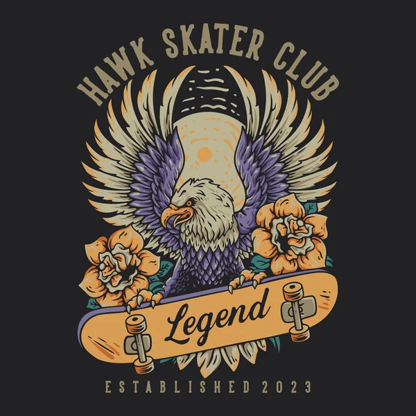 Shirt Σχεδιασμός Hawk Skater Club Eagle Riding Skateboard Vintage Εικονογράφηση — Διανυσματικό Αρχείο