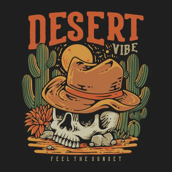 Tシャツデザイン砂漠の波はカウボーイハットのヴィンテージイラストを身に着けているスカルと夕日を感じる ベクターグラフィックス