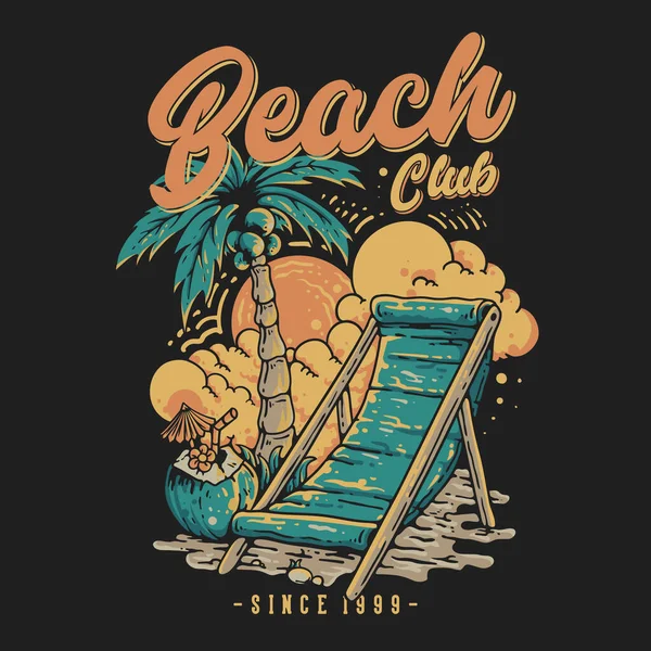 ビーチでココナッツツリーの下にビーチシート付きTシャツデザインビーチクラブヴィンテージイラスト ロイヤリティフリーストックベクター