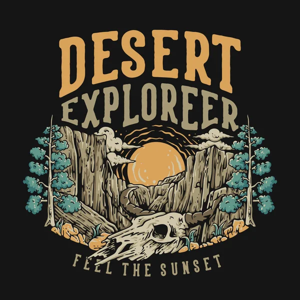 Tシャツデザイン砂漠の探検家砂漠のヴィンテージイラストで牛の頭蓋骨と夕日を感じる ストックイラスト