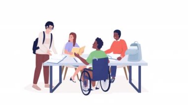 Animasyon yapan arkadaş karakterleri. Sınıf arkadaşları. Tam vücut düz insanlar alfa kanallı HD video görüntüleri. Canlandırma için şeffaf arkaplan üzerindeki renkli çizgi film biçimi çizimi