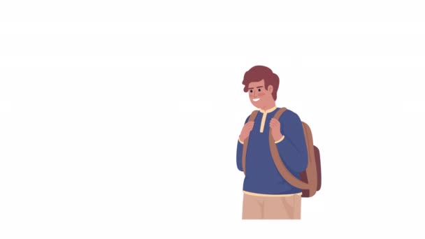 肯定的な学生のキャラクター 幸せな思いを持つ少年 アルファチャンネル付きフルボディフラット人Hdビデオ映像 アニメのための透明背景の色漫画スタイルイラスト — ストック動画