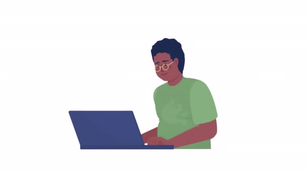 男の子のキャラクターを勉強するアニメーション ノートパソコンを使う男性10代 アルファチャンネル付きフルボディフラット人Hdビデオ映像 アニメのための透明背景の色漫画スタイルイラスト — ストック動画