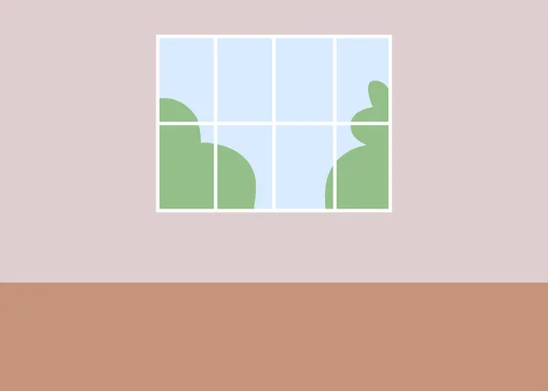 带粉红墙面平面彩色矢量插图的居室 空荡荡的公寓出租 可以看到公园的住宅工作室 完全可编辑的2D简单卡通片 背景为花园 — 图库矢量图片