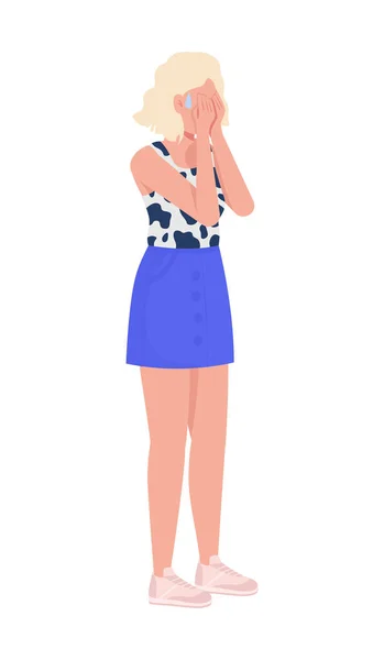 設定された女性の閉じ顔半フラットカラーベクトル文字 悲しみの表情 編集可能な人物だ 全身を白で Webグラフィックデザインとアニメーションのためのシンプルな漫画スタイルのイラスト — ストックベクタ