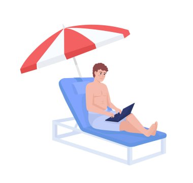 Plaj yarı düz renk vektör karakteri üzerinde çalışan bir adam. Bilgisayarlı dijital göçebe. Düzenlenebilir figür. Beyazın üzerinde tam vücut insan. Web grafik tasarımı ve animasyonu için basit çizgi film stili çizimi