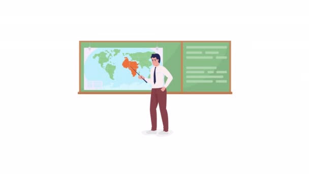 Personaje Profesor Geografía Animada Mostrando Continentes Mapa Vídeo Persona Plana — Vídeo de stock