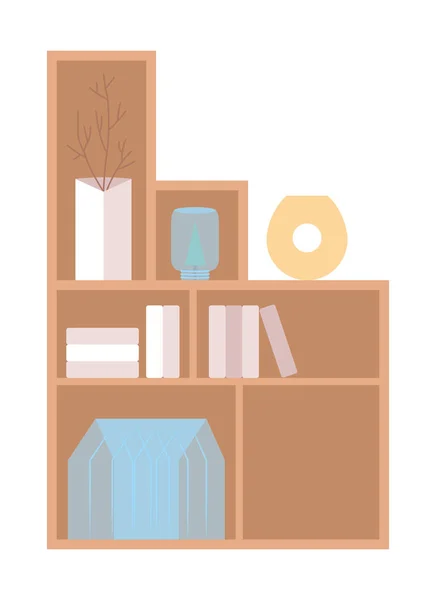 客厅书架半平面彩色矢量对象 可编辑元素 全尺寸的白色项目 用于网页平面设计和动画的Hygge室内设计简单的卡通风格插图 — 图库矢量图片