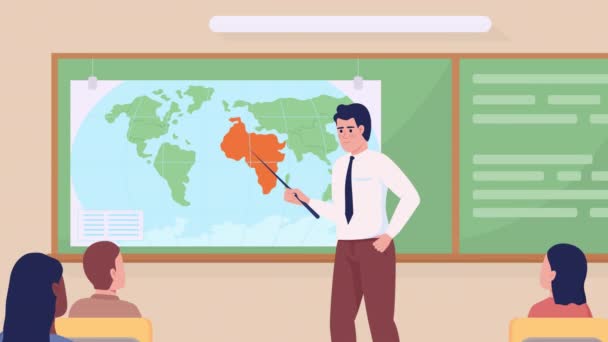 Animierte Studie Welt Illustration Erdkundelehrer Mit Studenten Oberschule Geschlungene Flache — Stockvideo