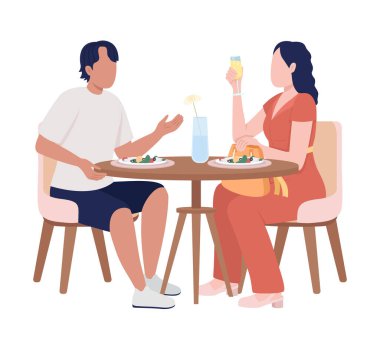 Romantik randevu yarı düz renk vektör karakterleri. Düzenlenebilir figürler. Beyazın üstüne tüm vücudu olan insanlar. Yemek zamanı. Web grafik tasarımı ve animasyonu için cafe basit çizgi film tarzı illüstrasyon akşam yemeği