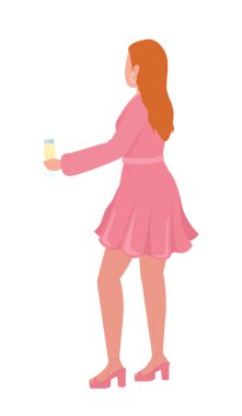 Pembe elbiseli şık bayan yarı düz renkli vektör karakter. Düzenlenebilir figür. Beyazın üzerinde tam vücut insan. Parti misafiri, web grafik tasarımı ve animasyonu için basit çizgi film tarzı illüstrasyon kaldırıyor