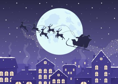 Noel Baba kızağı, gece manzarasının üstünde düz renk vektör çizimi. Noel tatili. Kış mevsimi. Tam olarak düzenlenebilir 2D basit çizgi film karakterleri. Arka planda neşeli Noel atmosferi olan.