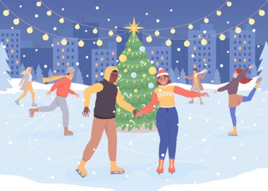 Noel paten pisti düz renk vektör çizimi. Noel tatili. Kış mevsimi. Paten meraklıları. Tam olarak düzenlenebilir 2D basit çizgi film karakterleri. Arka planda neşeli Noel atmosferi olan.