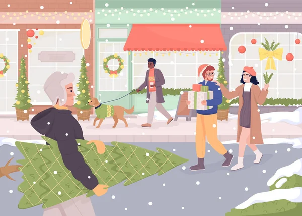 街道装饰圣诞节平面彩色矢量插图 圣诞节假期大惊小怪 可编辑的2D简单卡通人物 背景为节日气氛 — 图库矢量图片