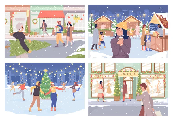 Зимний Открытый Отдых Плоский Цветовой Векторный Набор Иллюстраций Рождественский Праздник — стоковый вектор