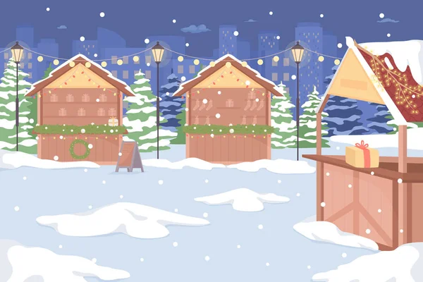 Festlig Vinter Semester Marknaden Platt Färg Vektor Illustration Julfirande Vacker — Stock vektor