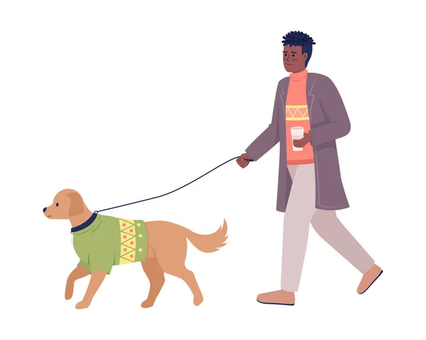 Stylish Man Coffee Walking Dog Leash Semi Flat Color Vector — Stock Vector