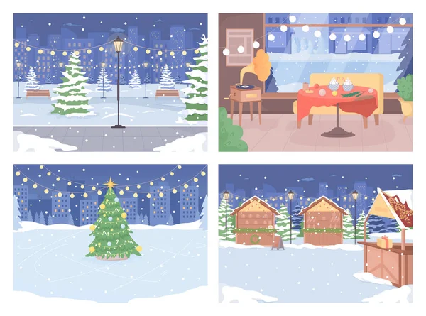 Vinter Utomhus Scener Julafton Platt Färg Vektor Illustration Set Julmarknad — Stock vektor