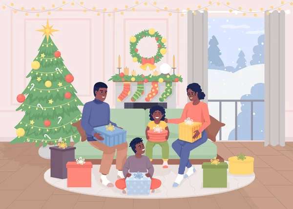 ファミリーフラットカラーベクトルイラストでプレゼントをアンラッピング 休日の伝統 装飾された家 背景にクリスマスツリーと完全に編集可能な2Dシンプルな漫画のキャラクター — ストックベクタ