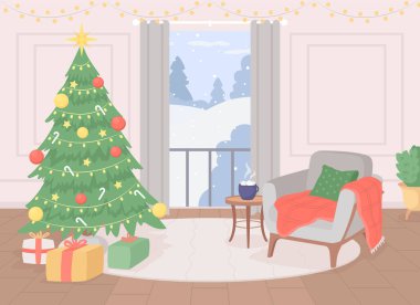 Noel sıcacık estetik düz renk vektör çizimi. Tatil zamanı. Şekerlemeli sıcak çikolata içmek. Tam olarak düzenlenebilir 2B basit karikatür iç mimarisi arkaplanda Xmas manzarası