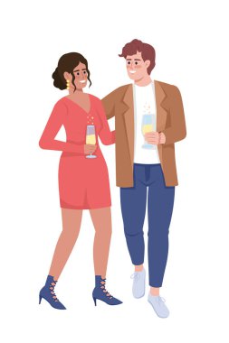 Mutlu çift yarı düz renk vektör karakteri. Düzenlenebilir figür. Beyazın üstüne tüm vücudu olan insanlar. Eşler şampanya içerek web grafik tasarımı ve animasyonu için basit karikatür tarzı çizimler yapıyorlar.