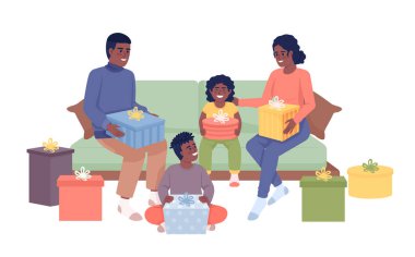 Aile üyeleri paketleri açıyor. Yarı düz renk vektör karakteri sunar. Düzenlenebilir figür. Beyazın üstüne tüm vücudu olan insanlar. Web grafik tasarımı ve animasyonu için basit bir karikatür stili çizimi