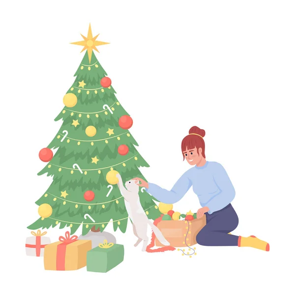 Dívka Která Drží Kočku Pohrávání Vánoční Stromeček Polotuhé Barvy Vektorové — Stockový vektor