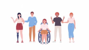 Canlandırılmış çeşitlilik karakterleri. Arkadaş grubu dünya haritasına karşı. Tam vücut düz insanlar alfa kanallı HD video görüntüleri. Canlandırma için şeffaf arkaplan üzerindeki renkli çizgi film biçimi çizimi