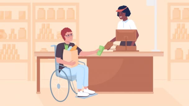 Κινούμενα Προϊόντα Αγορά Εικονογράφηση Άνδρας Αναπηρία Στο Σούπερ Μάρκετ Ισότητα — Αρχείο Βίντεο