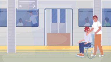 Animasyon maluliyet çizimi. Metro istasyonunda bir arkadaşıyla tekerlekli sandalyede oturan bir kadın. Düz renk 2D çizgi film karakterleri animasyon videosu HD ile şeffaf arkaplan üzerinde tren ile