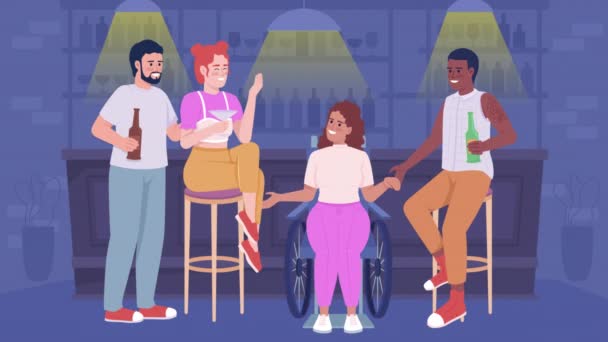 パブのイラストでアニメーションの友人 若い人たちはバーで休んでいる 障害のある生活 透明背景にナイトクラブとHdのフラットカラー2D漫画のキャラクターアニメーションビデオをループ — ストック動画