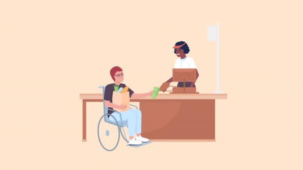 动画杂货服务角色 坐轮椅的人在买食物 全身扁平的人在米色背景与阿尔法通道透明度 多彩的卡通风格Hd动画视频 — 图库视频影像
