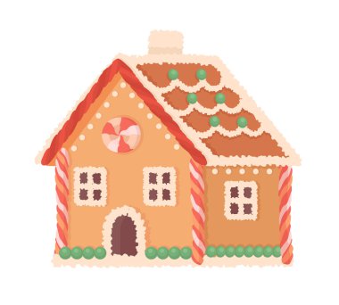 Zencefilli ev yarı düz renk vektör nesnesi. Tam boy beyaz. Tatlı tatlı. Fırınlanmış Noel süslemesi web grafik tasarımı ve animasyonu için basit çizgi film stili çizimi