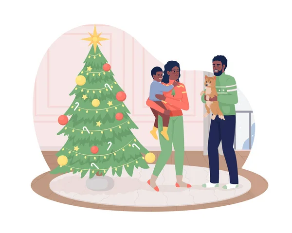 クリスマス2Dベクトル絶縁イラスト上の家族 漫画の背景に伝統的なお祝いフラット文字 モバイル ウェブサイト プレゼンテーションのためのカラフルな編集可能なシーン居心地の良い家 — ストックベクタ