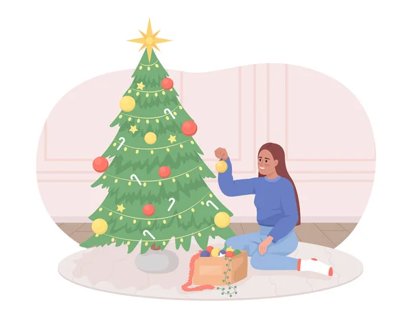 Zdobení Vánoční Stromeček Vektor Izolované Ilustrace Šťastná Plochá Postava Kresleném — Stockový vektor