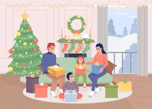 親は子供フラットカラーベクトルイラストでプレゼントをアンラッピング 休日の伝統 装飾された家 背景にクリスマスツリーと完全に編集可能な2Dシンプルな漫画のキャラクター — ストックベクタ