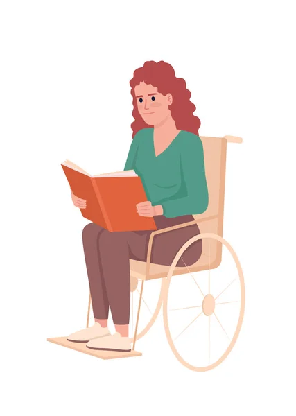 妇女阅读的书籍在轮椅半平面的颜色矢量字符 可编辑的数字 全身白皙的人用于网页平面设计和动画的残疾简单卡通画 — 图库矢量图片