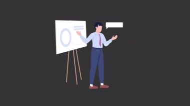 Animasyon iş koçu karakteri. Şirket eğitimi. Siyah arkaplanda alfa kanal şeffaflığı olan tam vücut düz insan. Animasyon için renkli çizgi film biçimi HD video görüntüleri