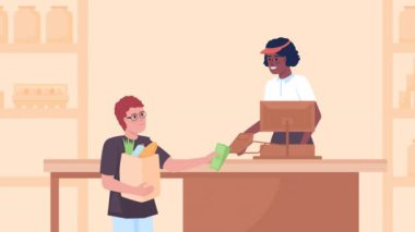 Market illüstrasyonundaki animasyon çocuk. Çocuk süpermarketten ürün alıyor. Kasiyer para alıyor. Düz renk 2D çizgi film karakterleri animasyon videosu HD içinde şeffaf arkaplanda depolanmış