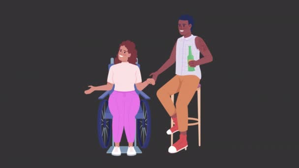 动画残疾支持字符 和朋友坐在轮椅上的女士全身扁平的人在黑色背景与阿尔法通道透明度 多彩的卡通风格Hd动画视频 — 图库视频影像