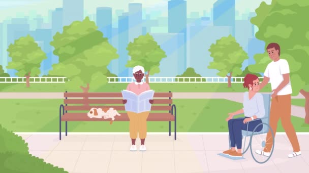 Animovaní Lidé Parku Ilustrace Muž Tlačí Kamaráda Vozíčku Stará Žena — Stock video