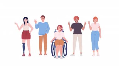 Canlandırılmış çeşitlilik karakterleri ayarlandı. Eşitlik entegrasyonu. Beyaz arka planda, alfa kanalı şeffaflığıyla tam vücut düz insanlar. Animasyon için renkli çizgi film biçimi HD video görüntüleri koleksiyonu