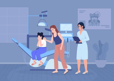 Dişçi randevusunda annesiyle korkmuş kız düz renk vektör çizimi. Güçlü fobisi olan bir çocuk. Tamamen düzenlenebilir 2D basit çizgi film karakterleri ve arka planda tıbbi ofisi var.