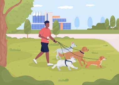 Parkın düz renk çiziminde köpekleri gezdiren adam. Öğrenciler için hayvanlı bir iş. Evcil hayvanlara bakıyorum. Tamamen düzenlenebilir 2B basit çizgi film karakteri ve arka planı şehir bahçesi.