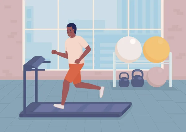 跑步机平面彩色矢量图解运动员训练 健康和活跃的生活 体育馆的技术 以体育俱乐部为背景的完全可编辑2D简单卡通人物 — 图库矢量图片