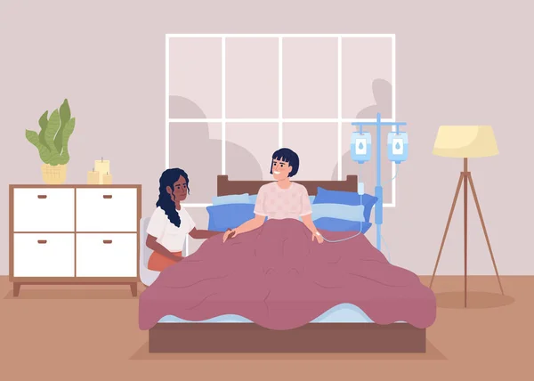 Patiënt Met Drop Teller Thuis Platte Kleur Vector Illustratie Vrouw — Stockvector
