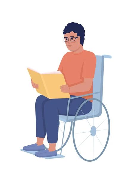 Hombre Con Discapacidad Lectura Libro Semi Plano Color Vector Carácter — Vector de stock